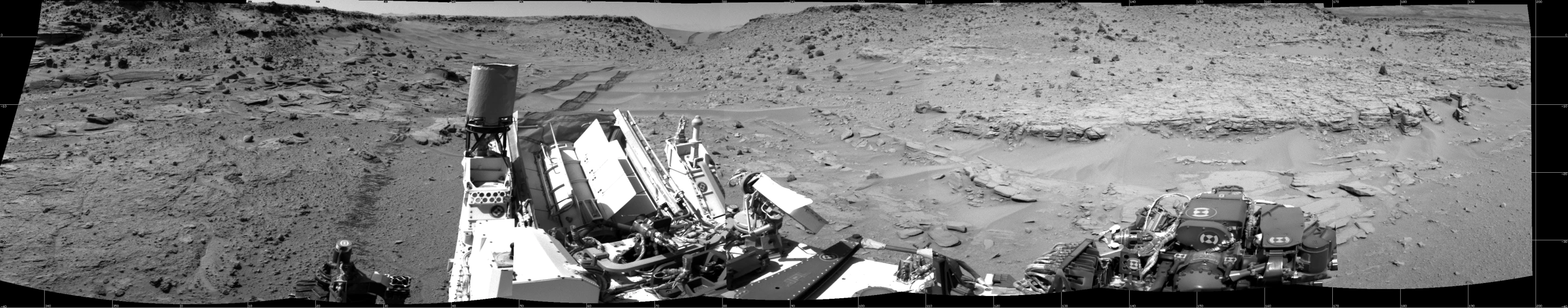 This scene looking back at where Curiosity crossed a dune at "Dingo Gap" combines several exposures taken by the Navigation Camera (Navcam) high on the rover's mast (Image: NASA)