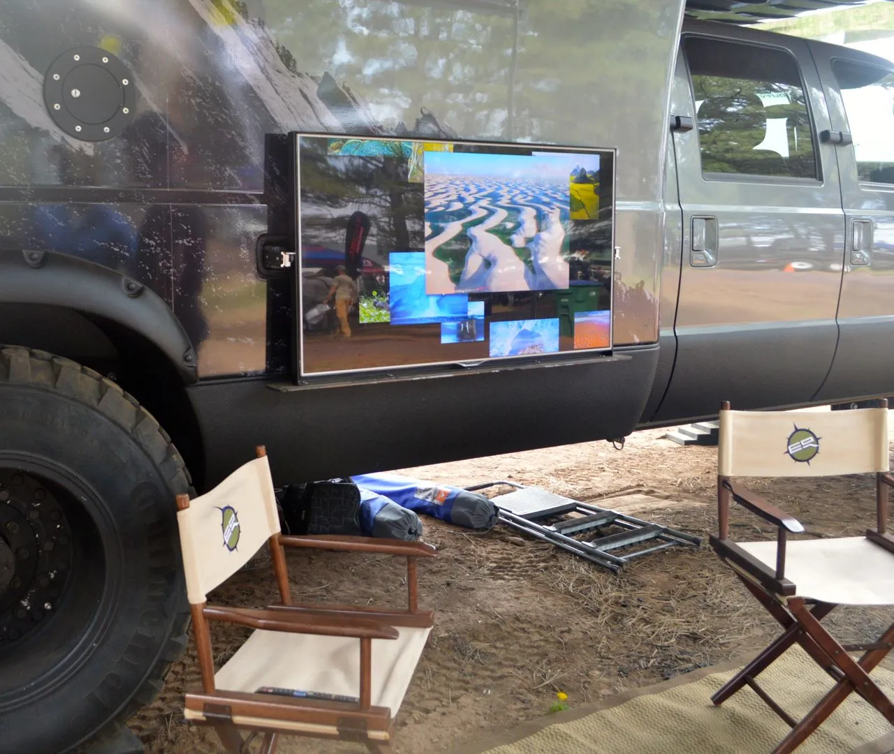 Part of the new tailgater package, the slide-out 46-in external satellite TV provides an outdoor entertainment option