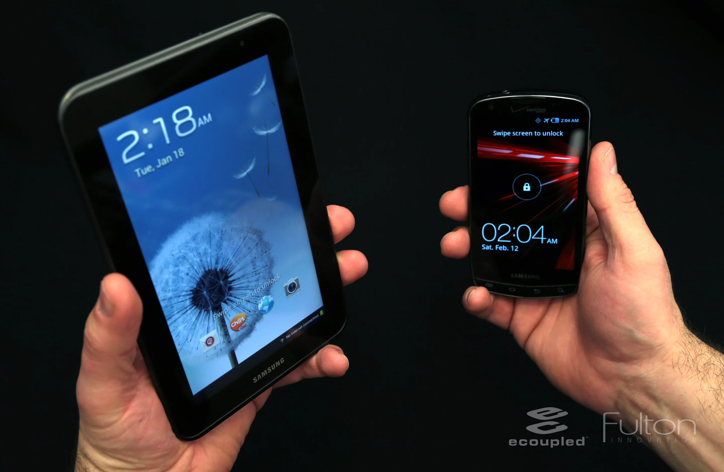 Fulton's eCoupled technology allows the tablet to wirelessly charge a Qi-enabled mobile phone positioned on its back, while also receiving wireless power from another source