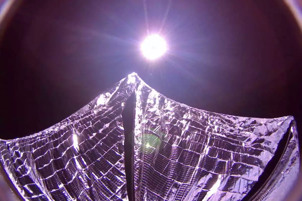 LightSail with its Mylar sail partially deployed