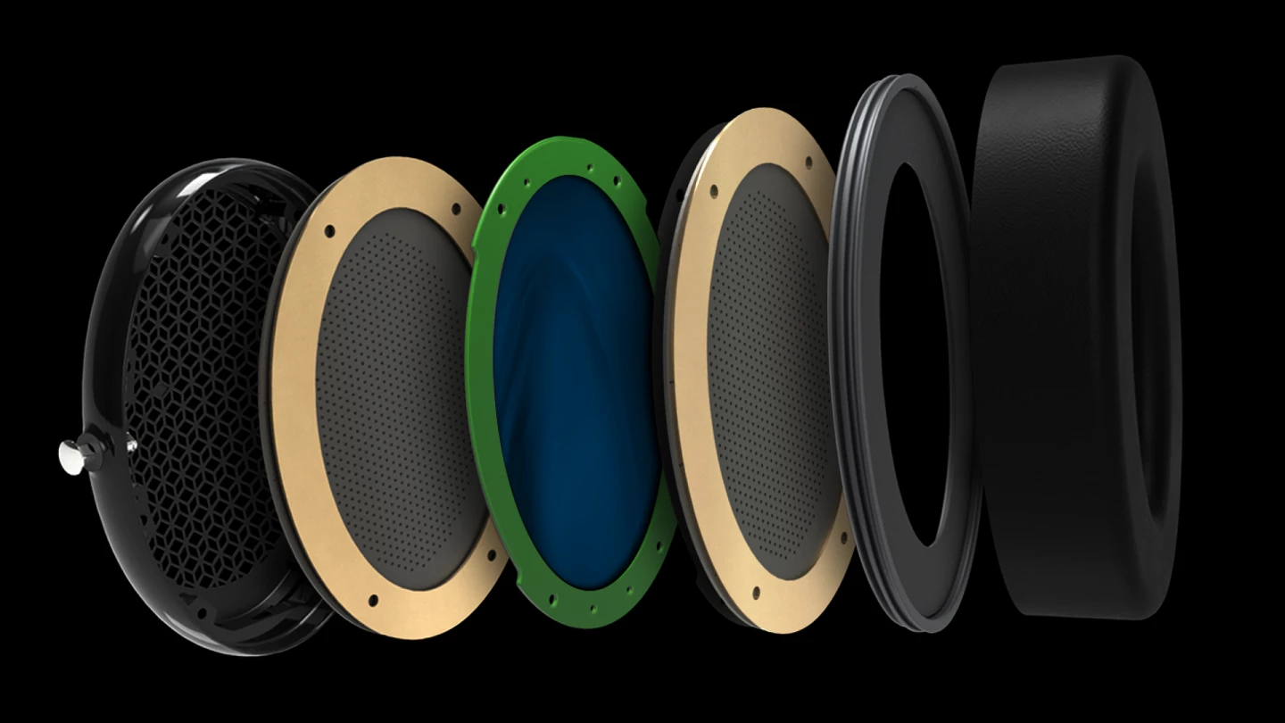 Exploded view shows the CRBN driver setup, including the thin-film polymer diaphragm embedded with carbon nanotubes flanked by stators