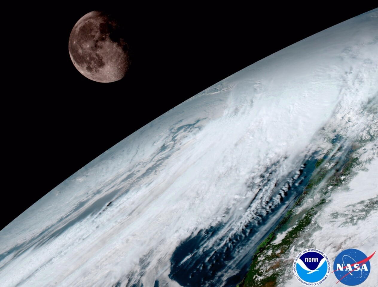 A GOES-16 calibration image displaying the Moon hanging above the cloud-covered surface of Earth
