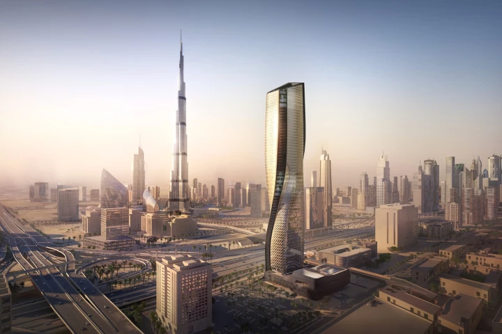 The Wasl Tower is located on a prominent site near the Burj Khalifa and will rise to a total height of 302 m (990 ft)