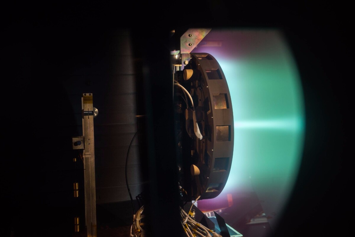 The X3 thruster being tested at the NASA Glenn Research Center, firing at 50 kilowatts