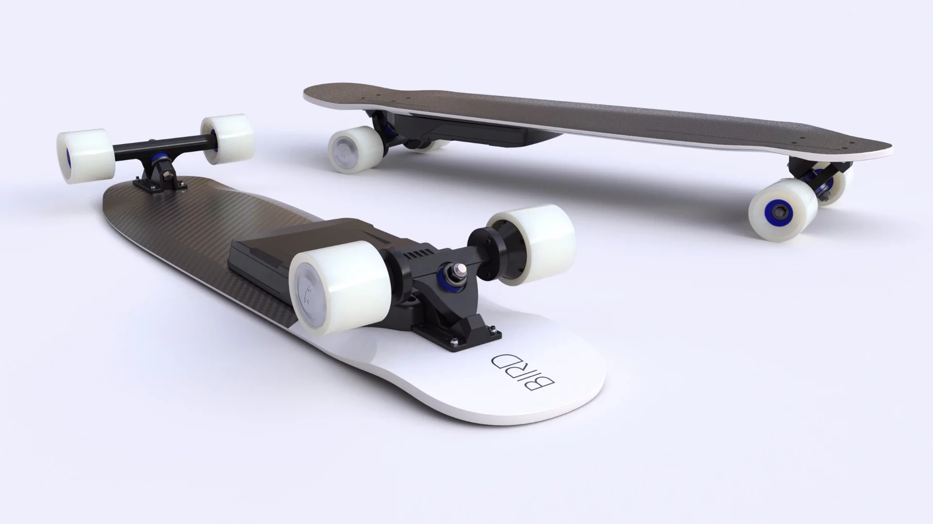The Bird longboard features in-wheel motors and a hot swap battery