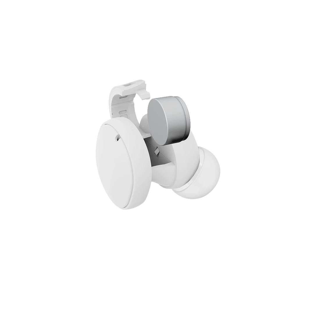 The battery compartment for each earbud features a rotating tray that can be opened using a screwdriver when an upgrade is needed