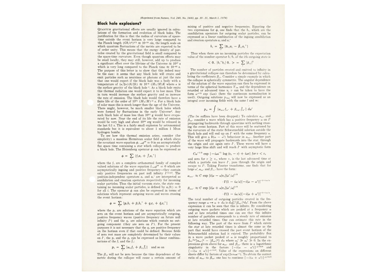 Hawking’s most important article, predicting Hawking Radiation | Sold for: $9,465 (£7,500) by Christie's on July 16, 2020