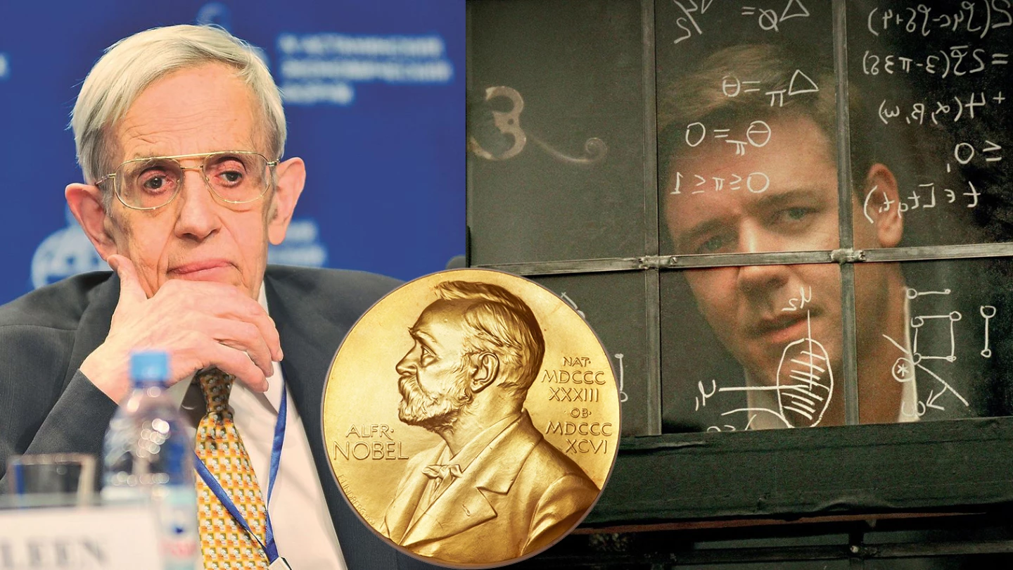 John Forbes Nash Junior (left) was an American mathematician who made fundamental contributions to game theory and shared the 1994 Nobel Prize in Economic Sciences . Nash wrote the paper which won him the Nobel Prize when he was just 20 years-of-age, but he suffered from paranoid schizophrenia and spent several years in mental institutions during his thirties before his condition improved and allowed him to return to academia. His struggles with mental illness and his recovery became the basis for Sylvia Nasar's biography, A Beautiful Mind, as well as a film of the same name starring Russell Crowe as Nash (right), which won four Academy Awards and made Nash's story internationally known.