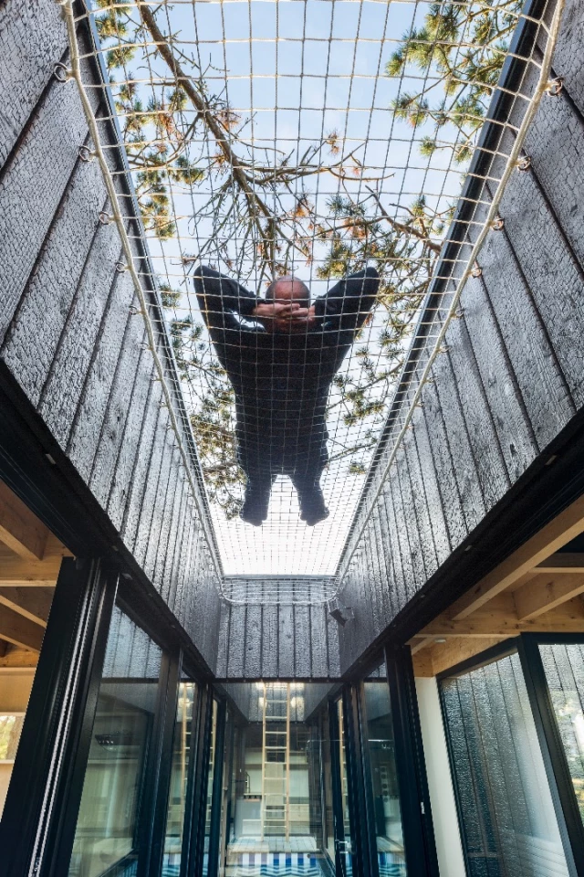 Treehouse features a net area above a small pond