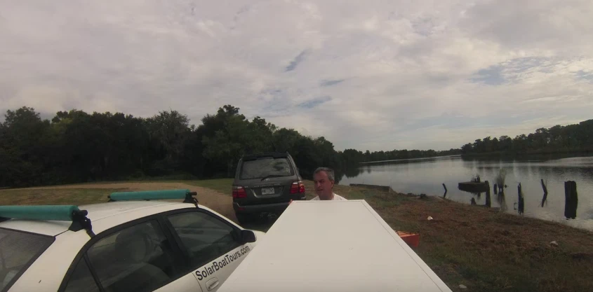 The hull rides to and from the water on a roof rack