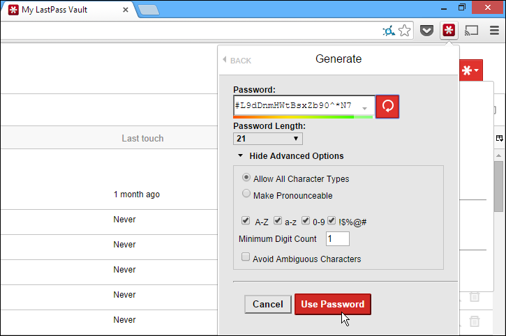 LastPass generates and securely stores complex passwords
