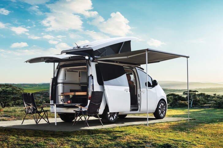 Hyundai's Staria Lounge Camper 4 comes with a full conversion that includes two beds, indoor and outdoor dining space, an indoor kitchen, and a smart home control touchscreen