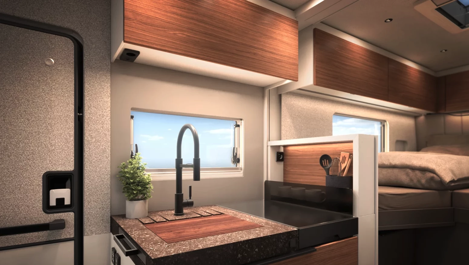 At the Signature kitchen, note the extendable rear wall is down to maintain a more open-feeling floor plan