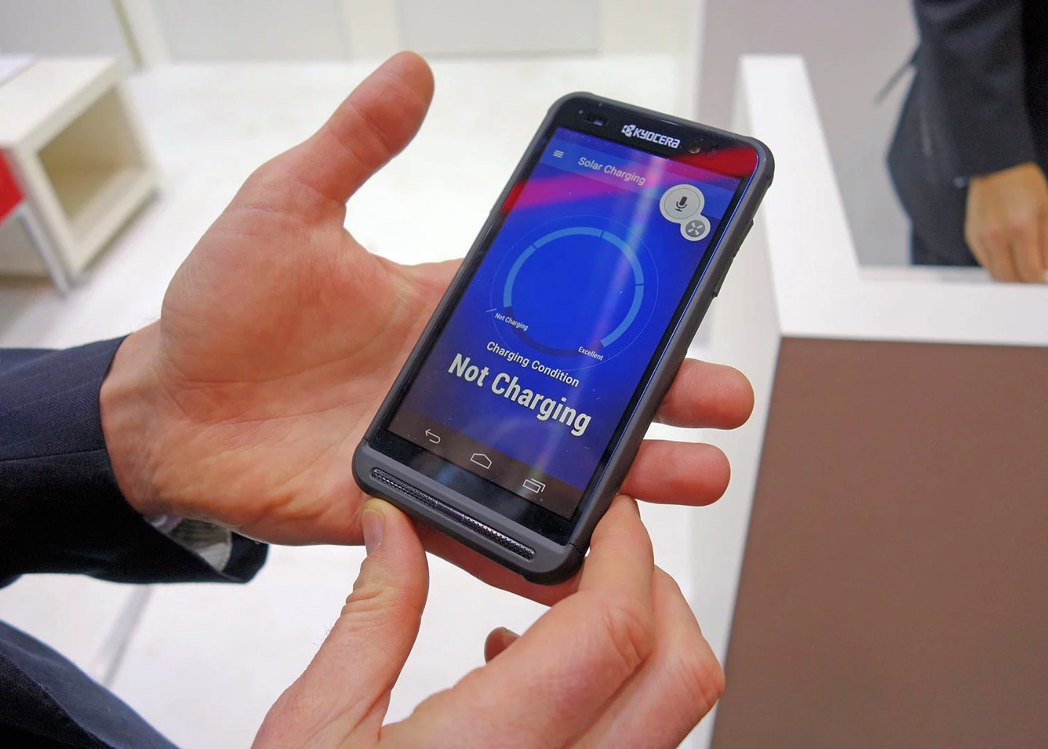 Kyocera says a 3 minute burst of direct sunlight will give you 1 minute of talk time