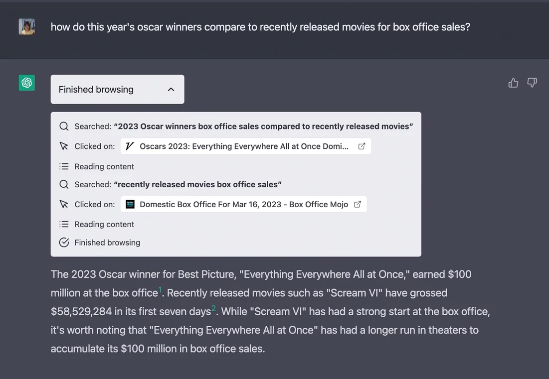 GPT will now include information from the Web, complete with links to its sources