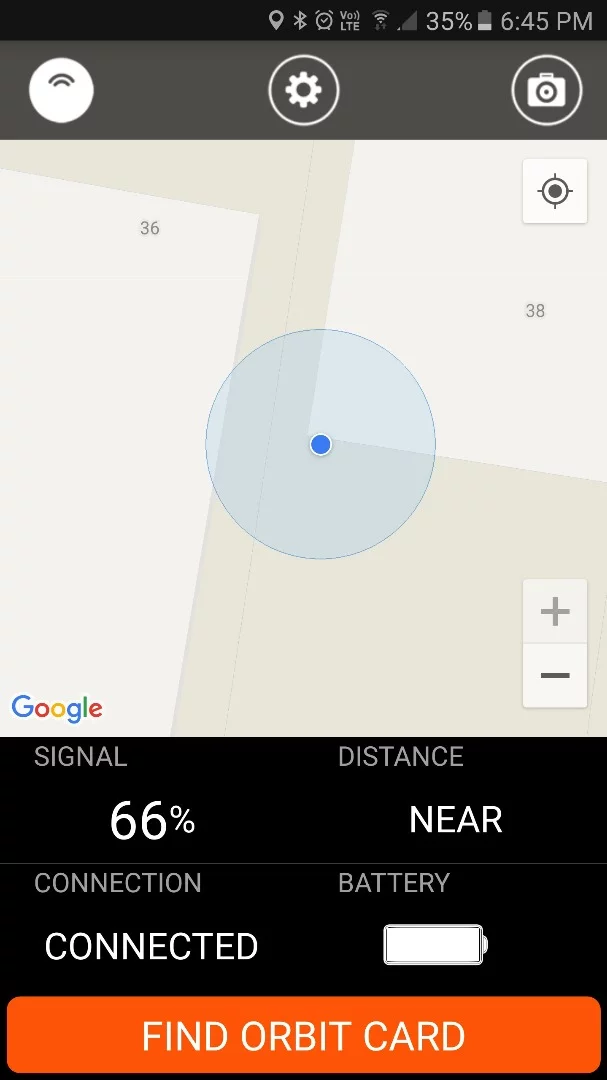 When within Bluetooth range, the Orbit app will let users how far away the Card is, and pressing the Find Orbit Card button will set it to chirp to help zero in