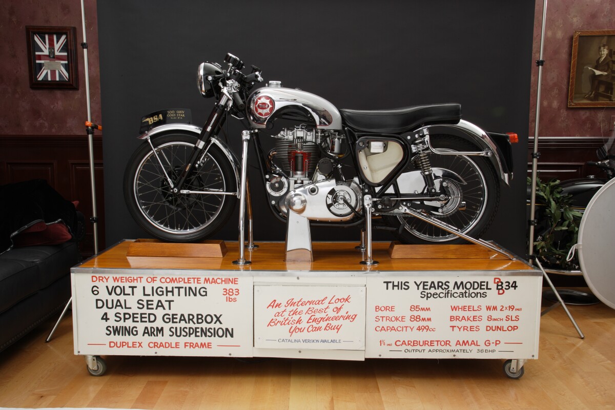 Built by BSA for the 1956 Earls Court Motorcycle Show in London, the “living art”exhibit began with a 1956 BSA B34 Gold Star Clubman motorcycle, which was then fully sectioned and motorized to show drivetrain function, including the movements of the piston, crankshaft, clutch and valves