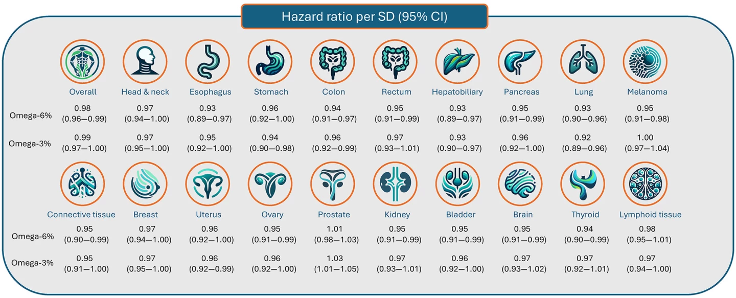 The hazard ratios for each cancer site, according to omega-3 and omega-6 levels