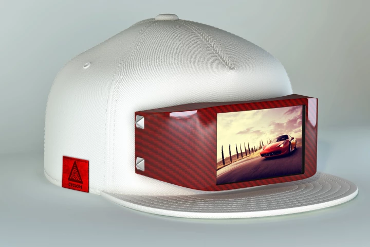 Cyclops fits a snapback hat with an LCD screen for customizable fashion