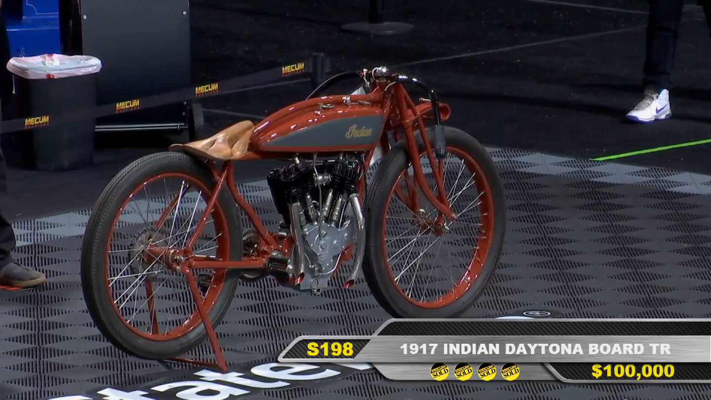 1917 Indian Daytona Board Tracker | Price: $110,000 ($100,000 hammer price plus 10% buyers premium) | Estimate: $75,000 - $100,000 | Auctioneer: Mecum | Lot S198 | Auction Description