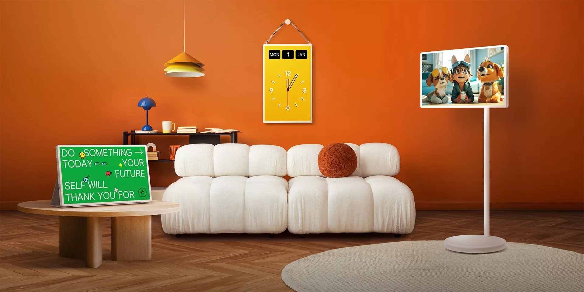 The StanbyME 2 can be used with a docking stand, hung on the wall or used on the coffee table