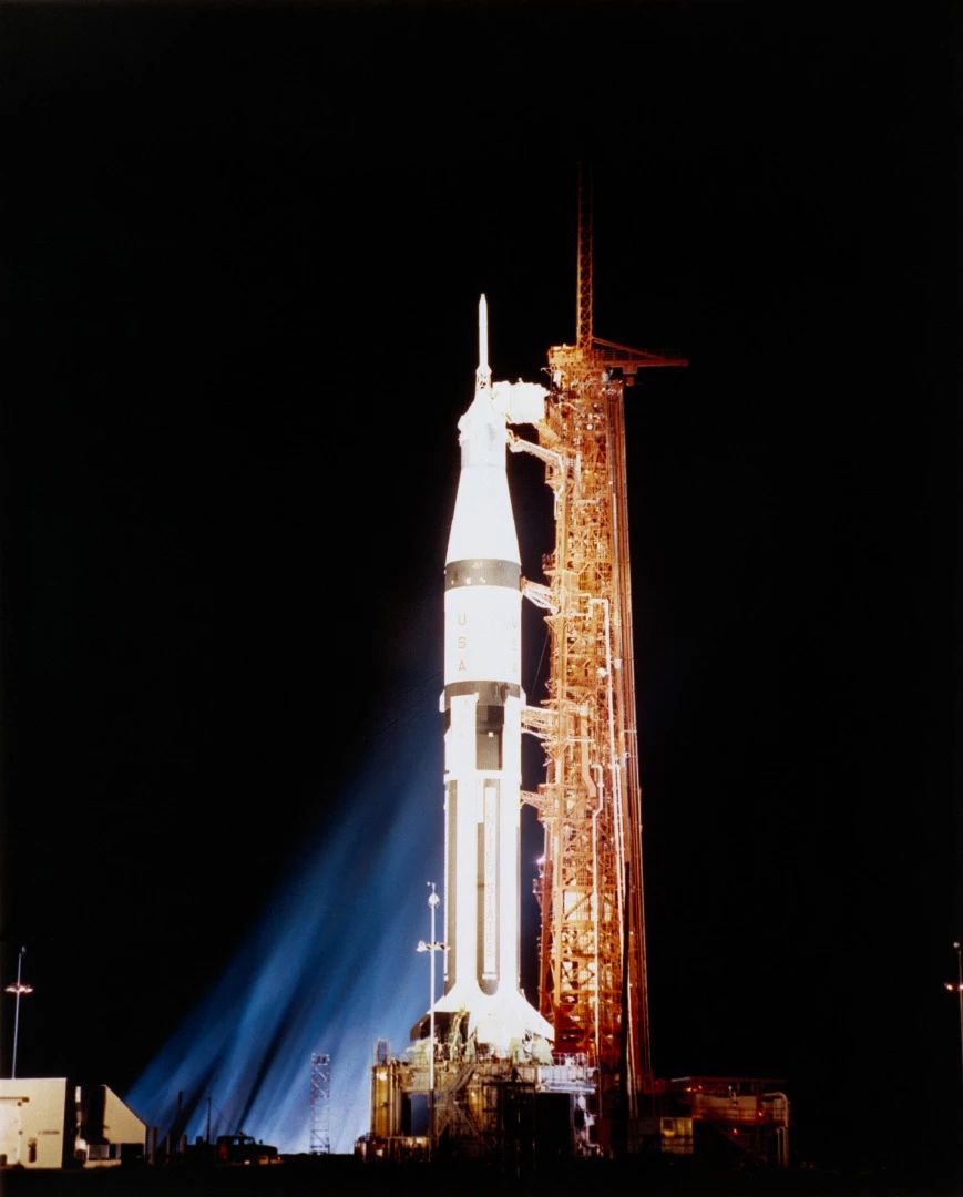 Nighttime view of Launch Complex 34, Kennedy Space Center, showing the Apollo 7 Spacecraft 101/Saturn 205 stack on pad
