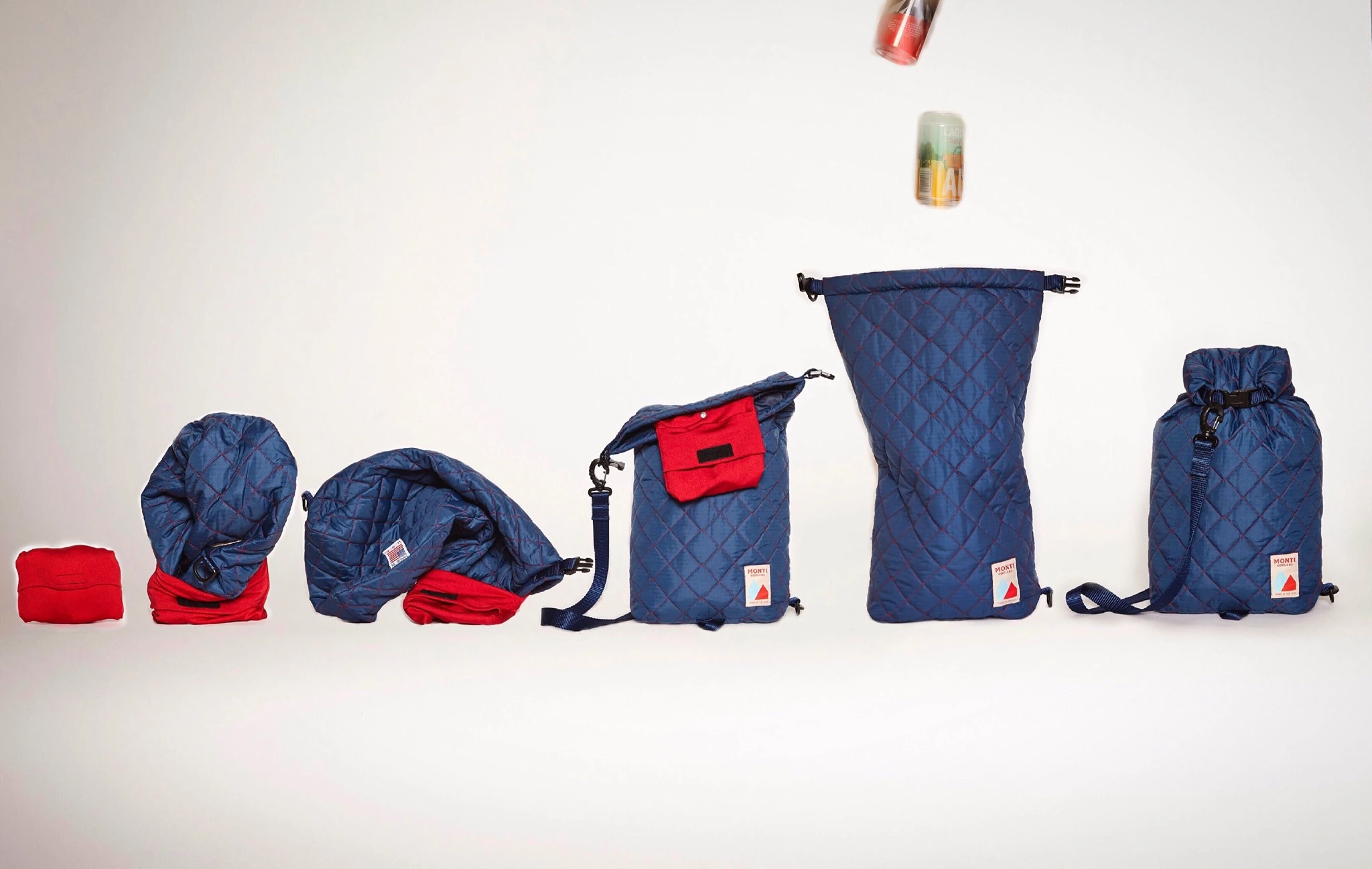 The older diamond-quilted Monti Cooler shows how it unfolds from tiny pouch to can-ready cooler sack