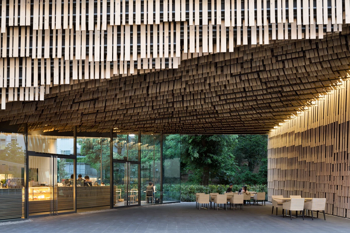 Natural materials form the facade of the Daiwa Ubiquitous Computing Research Building in Tokyo, by Kengo Kuma & Associates