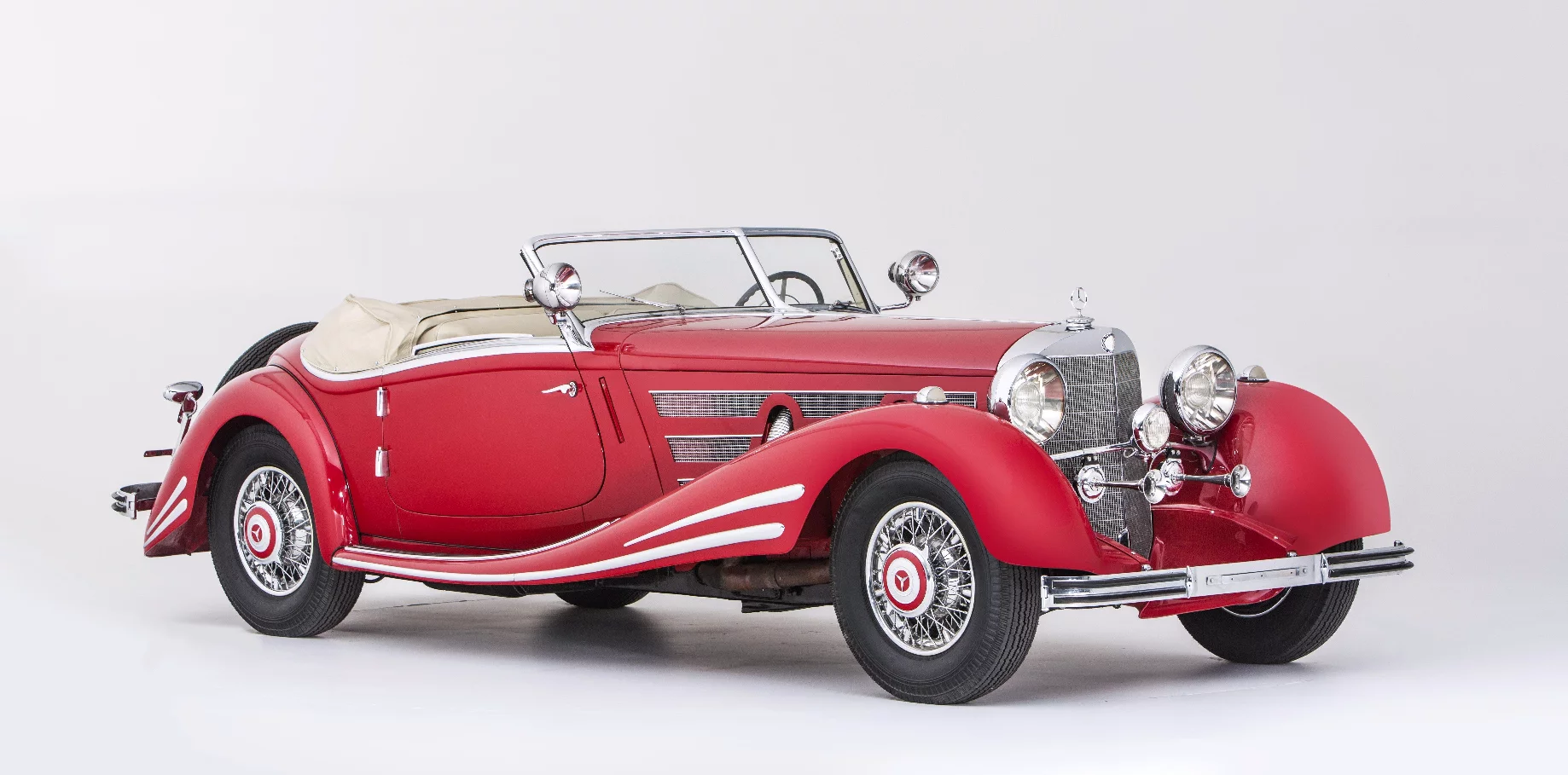 Yet another fantastic tale accompanies this car, with it being rediscovered in pieces in a barn in Poland, and eventually returned to its former glory. The car had been upgraded by the Mercedes-Benz factory to 540K spec prior to WW2 according to factory records, so it's a "real one" and to cap off the fairy tale, after it was restored, it was donated to Swedish Cancer and Alzheimer's Charities to provide funding for medical research.