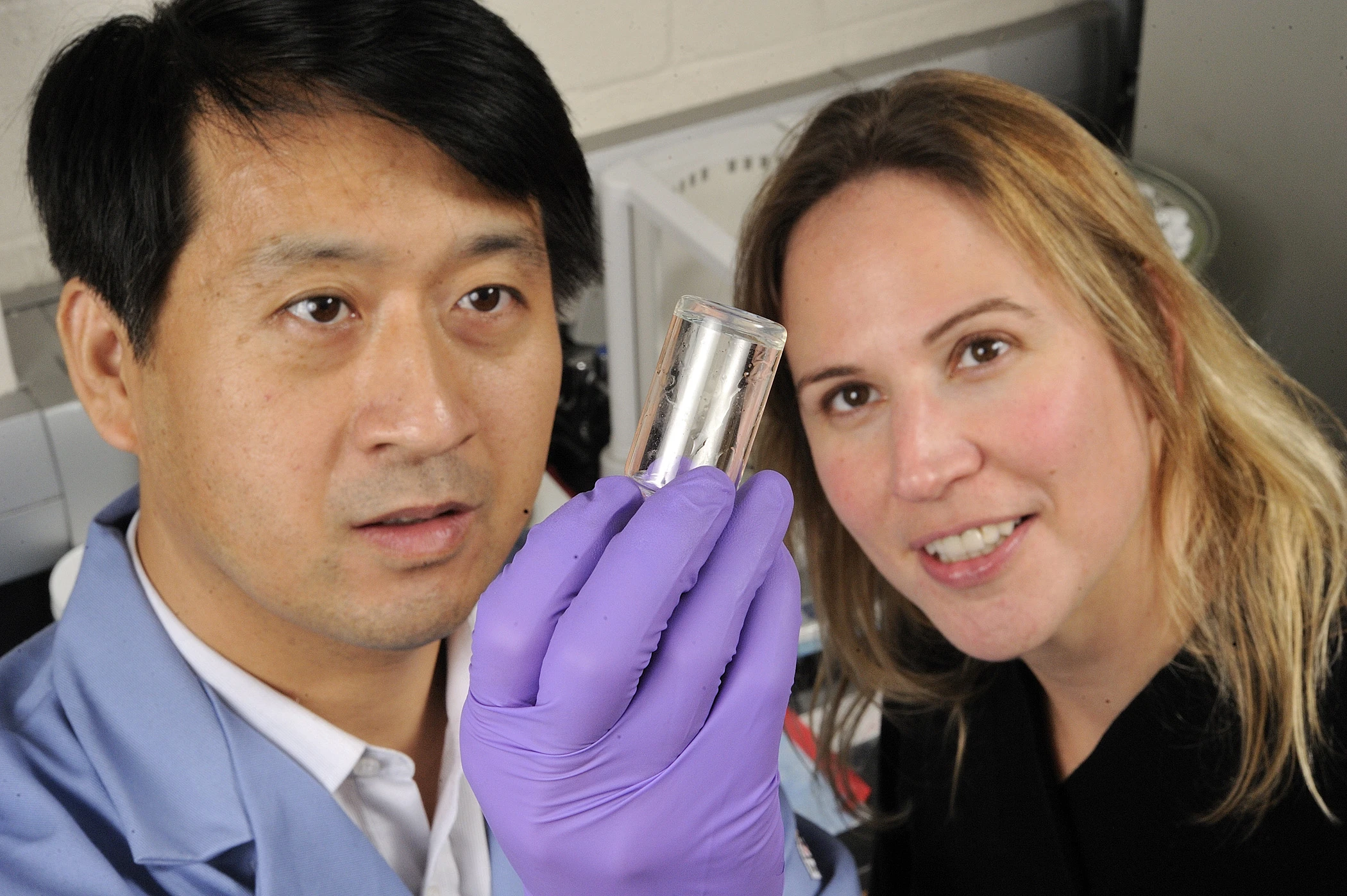 Postdoctoral fellow Guoming Sun (left) and Sharon Gerecht, an assistant professor of chemical and biomolecular engineering, helped develop the burn-healing hydrogel