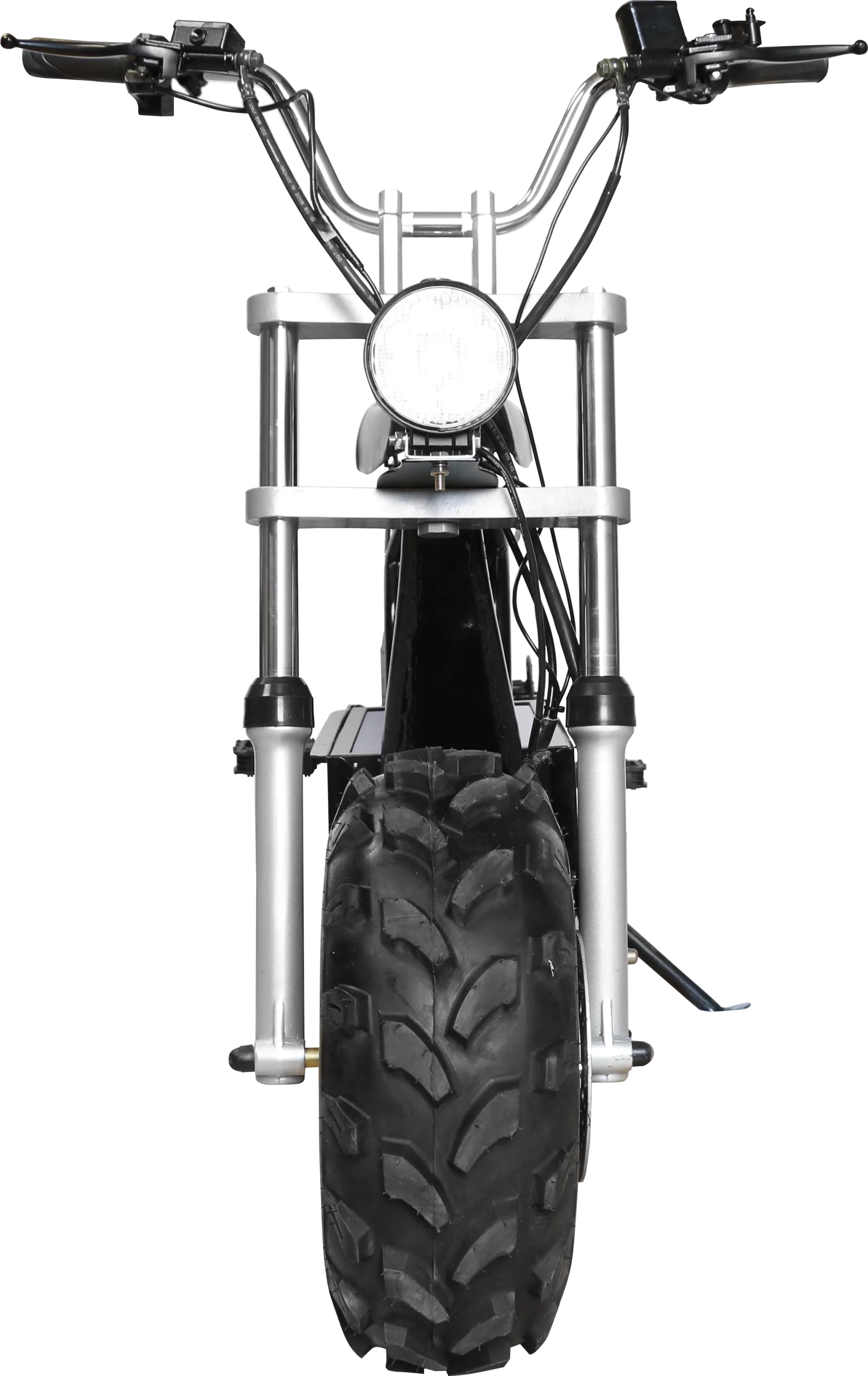 Inverted suspension forks hold the first of the 10-inch alloy rims and bear a 4,500 lumen LED headlight on the front