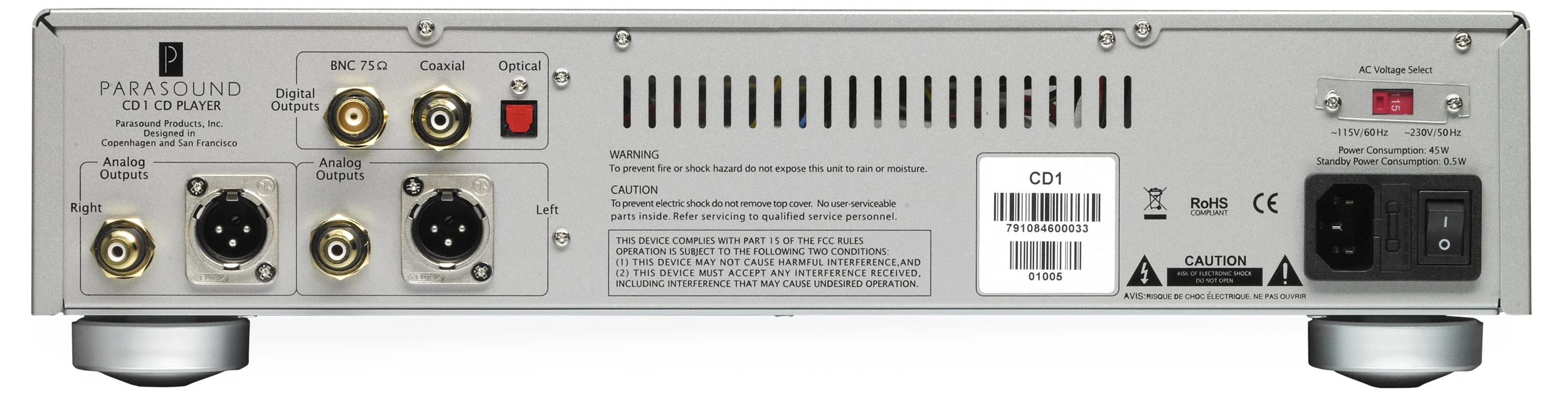 The Parasound CD1 has cable outlets designed with noise reducion