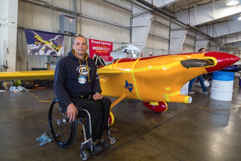 Rookie F1 pilot Justin Meaders is the only paraplegic racer competing this year. His plane has specially modified hand controls