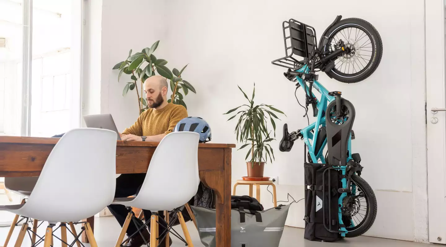 The GSD cargo ebike can reduce its office or apartment footprint by standing to attention