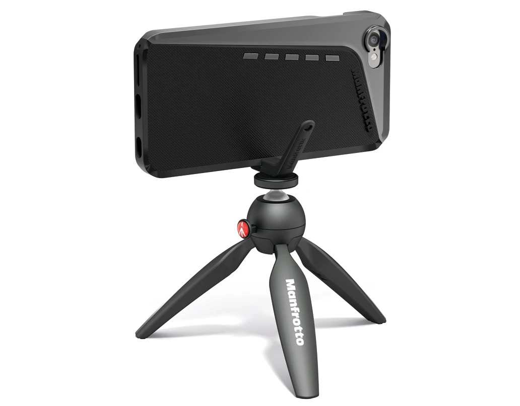The included kickstand/tripod mount means the Manfrotto Klyp+ case for iPhone 6 and 6 Plus can be used on a tripod