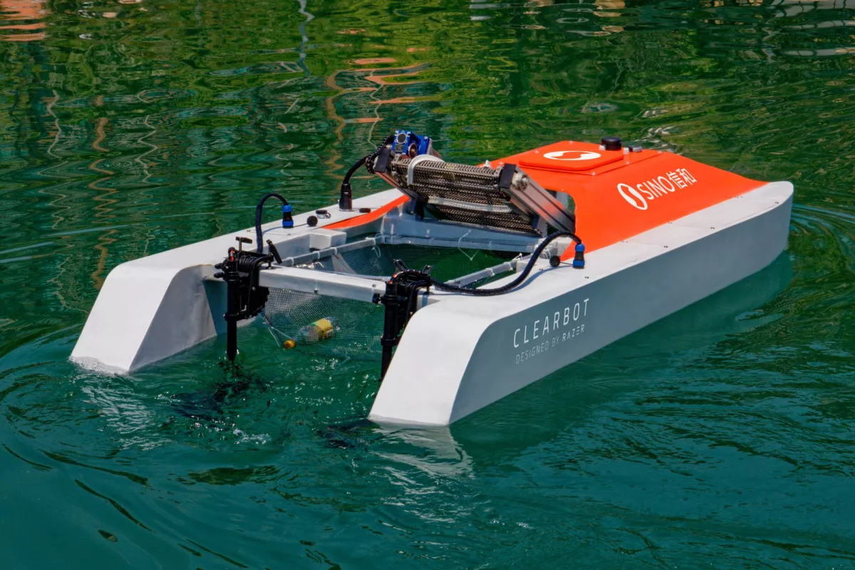 The latest Clearbot can be operated by remote control or set a predefined path to follow autonomously, scooping up floating trash as it goes