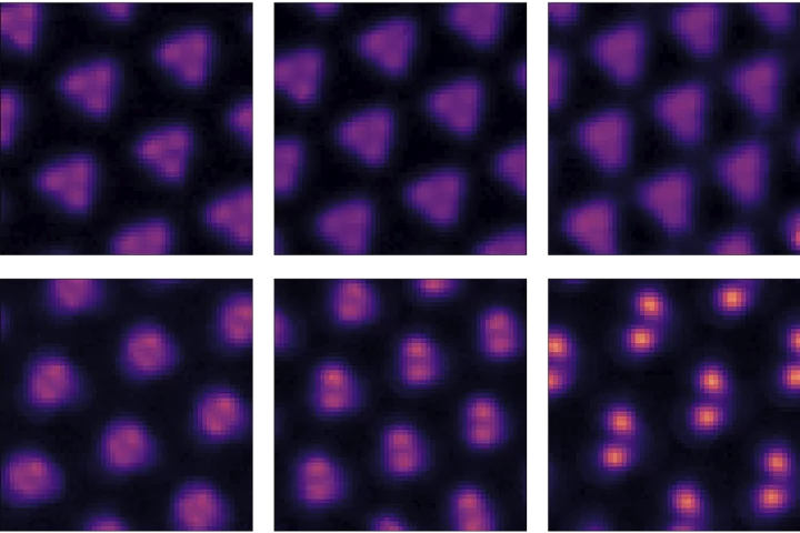Scanning tunneling microscope images of electrons forming a Wigner molecule by the bottom right shot