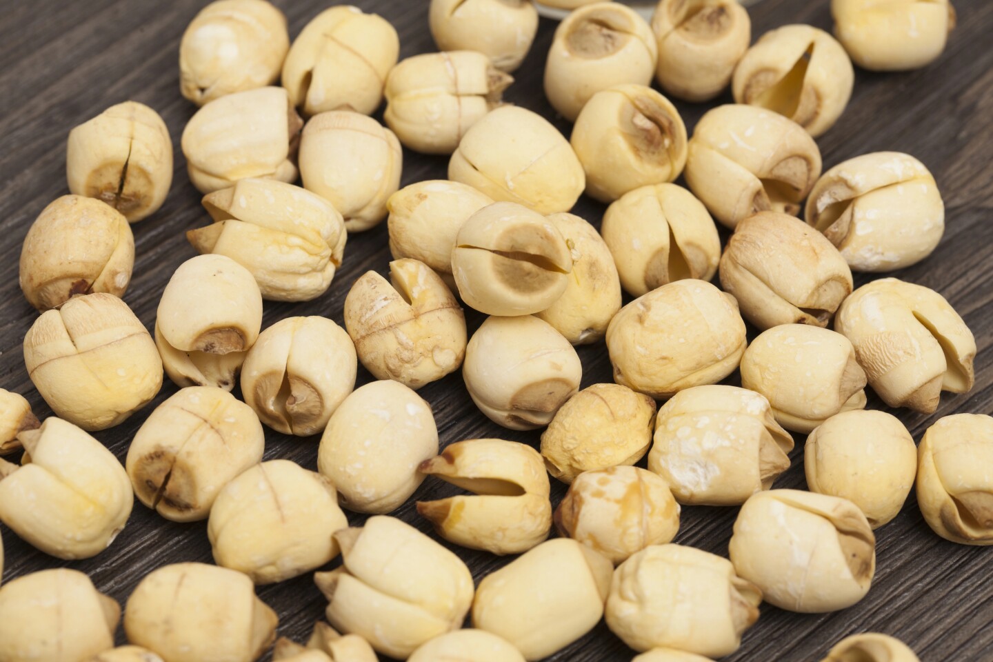 The lotus seed from a lotus plant, often confused with the seeds from the water lily plant (aka fox nuts)