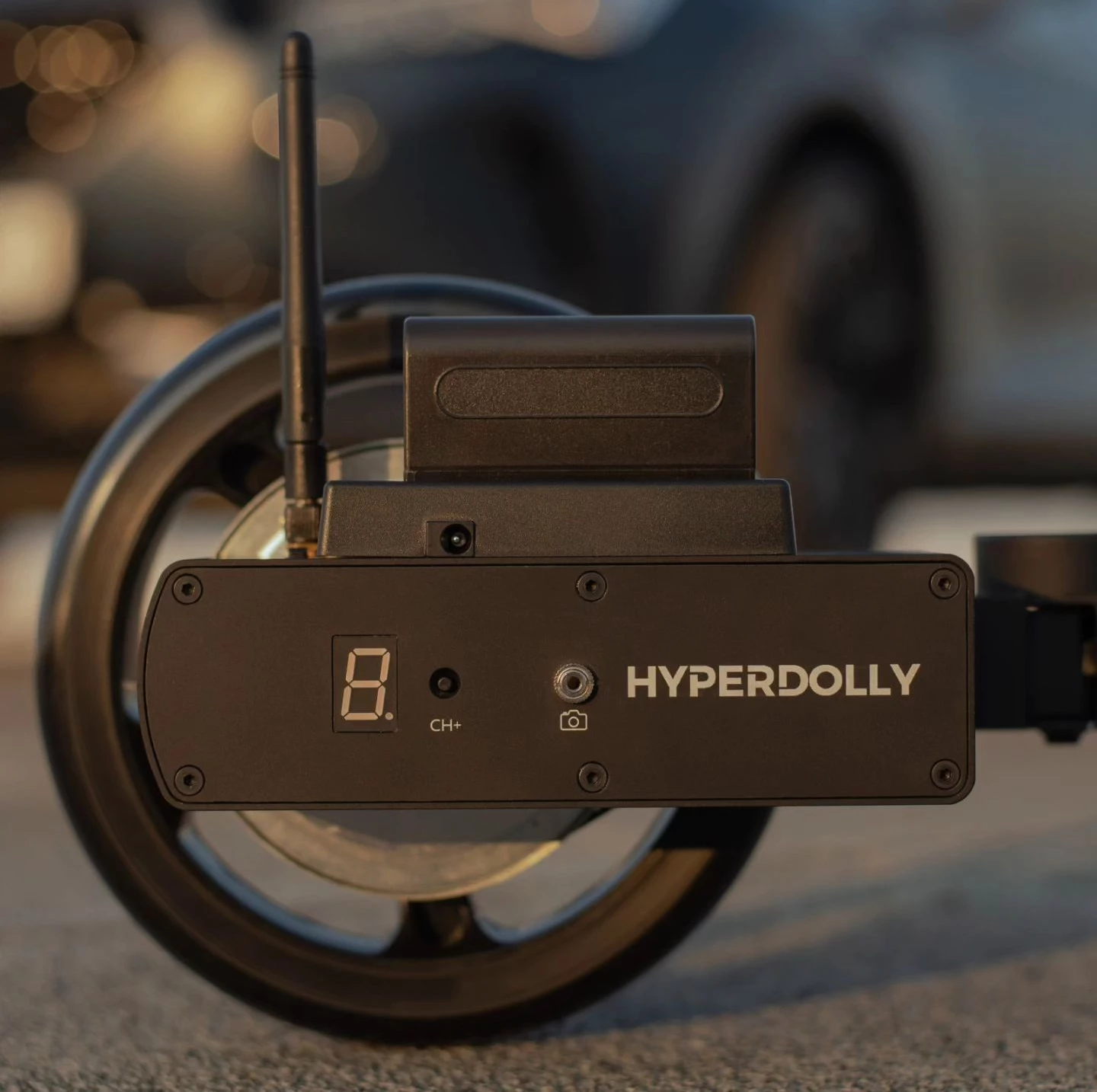 A close look at the Hyperdolly's drive wheel and motor
