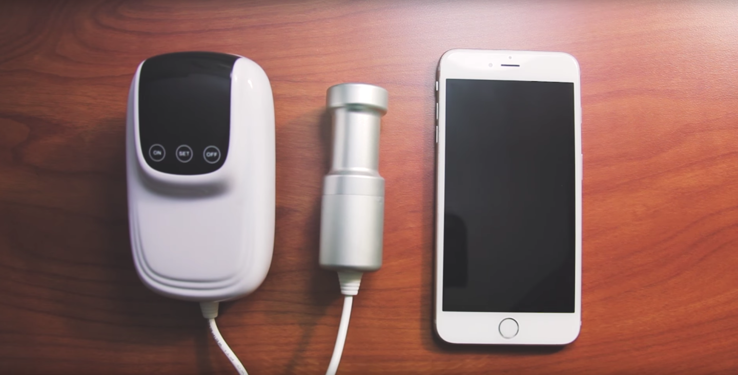 The Sonic Soak is small and portable, and the kit includes the submersible cylinder that emits ultrasound waves and the wall unit that lets users control it and set timers