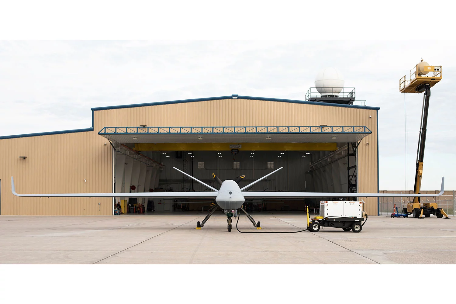 The SkyGuardian leaving its hangar