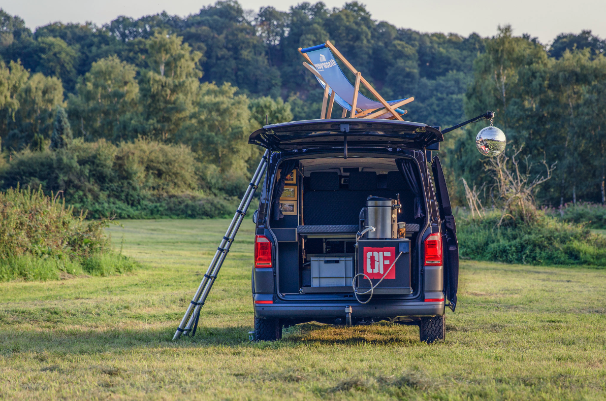 The Outdoor Flair van helps get the party started with a sound system, beer tap and roof deck