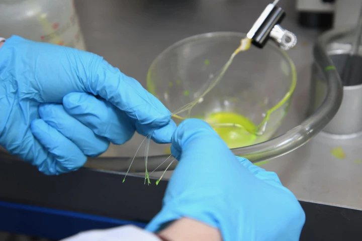 The liquid-core fibers were initially tested with a payload of fluorescein sodium salt (pictured) which served as a drug stand-in