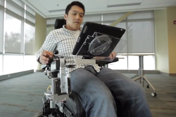 The RoboDesk helps wheelchair users more easily access tablets and lightweight laptop computers