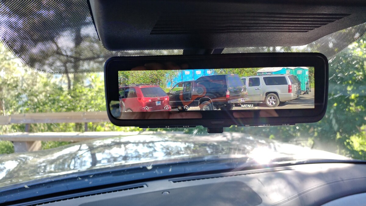 The SmartView Mirror, shown here in the 2019 Infiniti QX80, helps clarify what's behind – even if it's just trucks and toilets