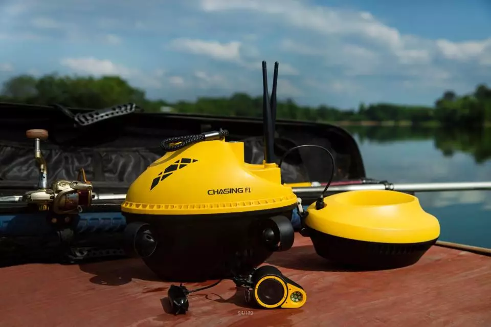 The Chasing F1 Fish Finder Drone, with its tethered camera out front and the optional bait dispenser behind