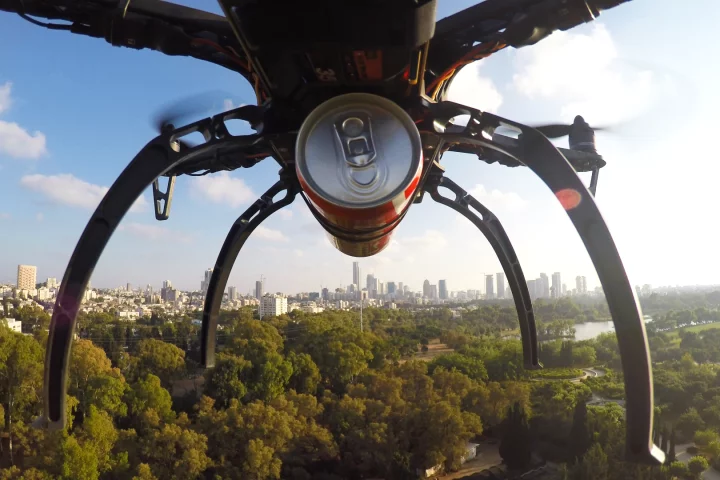An in-flight view of the Flytrex Sky carrying a soda