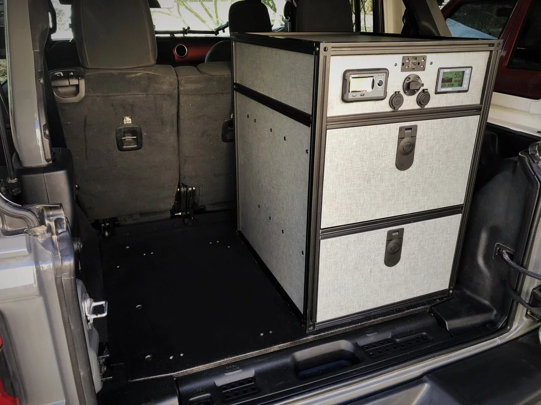 The Juice Box is DirtBox's flagship product, combining storage drawers with a solar-compatible off-grid power system