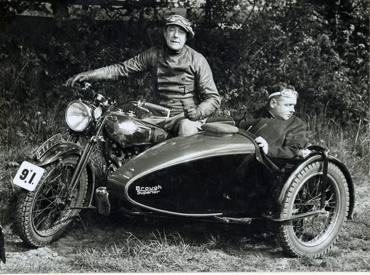 This ex-George-Brough 1939 Brough Superior SS100 sold for GBP253,500 (US$425,943) at Bonhams Stafford sale in April, 2014. That's George in the saddle with journalist Henry Laird as passenger