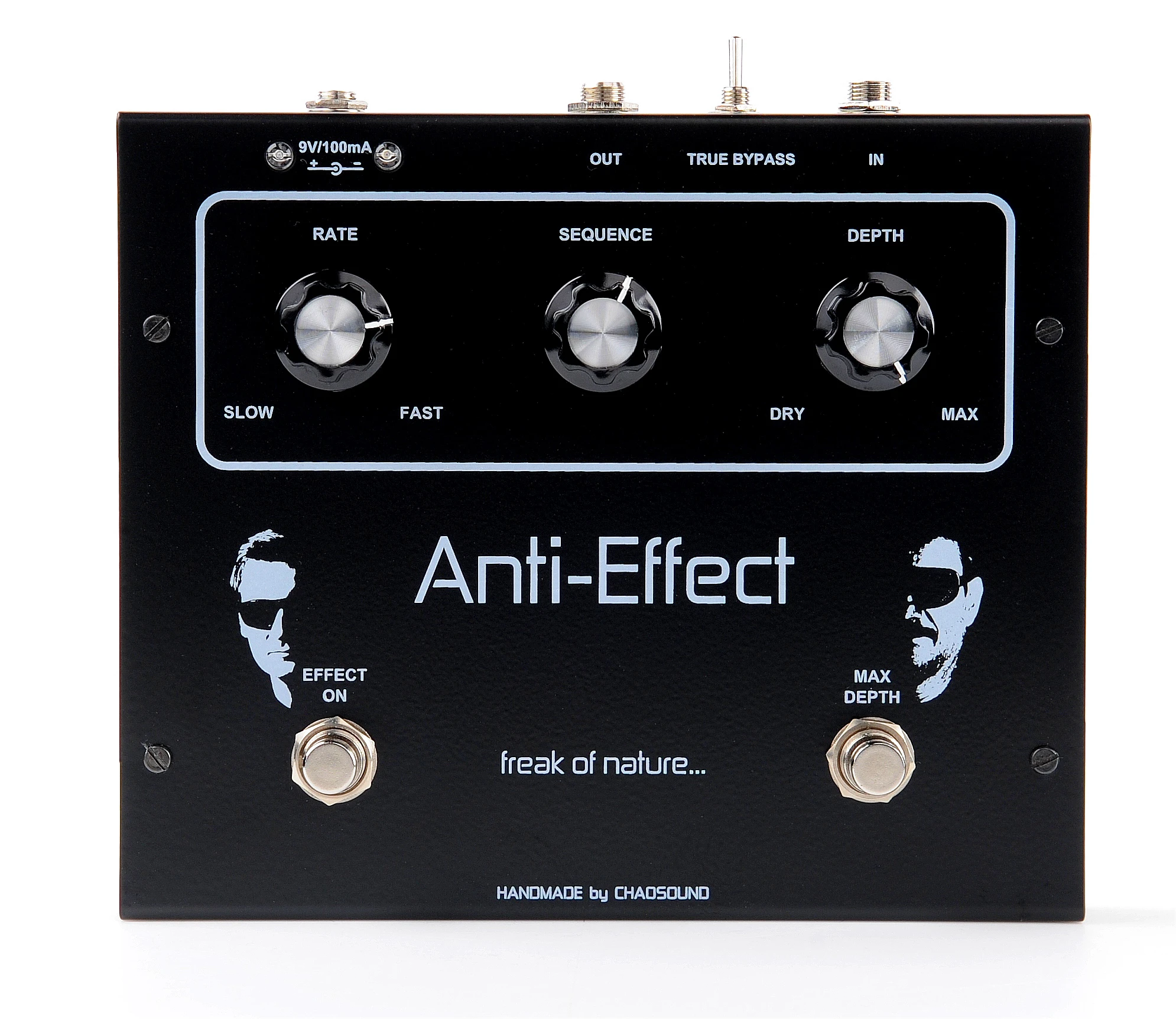 There are two stomps on top – one activates the effect while the other shortcuts to its maximum depth setting, regardless of the position of the depth control